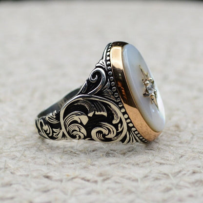 Zyan Gems | Unique Turkish Style Ring with Natural Pearl |  Sterling Silver Oxidized Ring