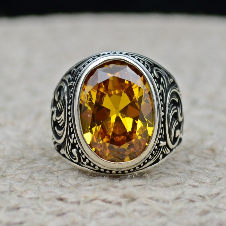Zyan Gems | Unique Designed Turkish Style Ring with Natural Yellow Citrine ,  Sterling Silver Oxidized Ring