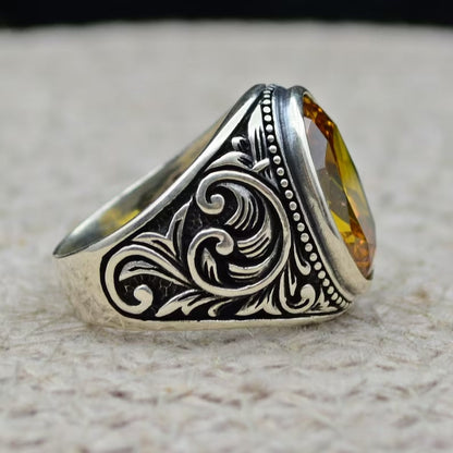 Zyan Gems | Unique Designed Turkish Style Ring with Natural Yellow Citrine ,  Sterling Silver Oxidized Ring