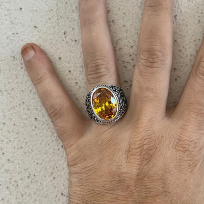 Zyan Gems | Unique Designed Turkish Style Ring with Natural Yellow Citrine ,  Sterling Silver Oxidized Ring