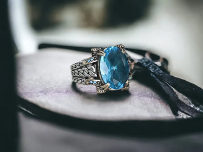 Zyan Gems | Exclusively Designed Ring with Blue Topaz |  Sterling Silver Oxidized Ring