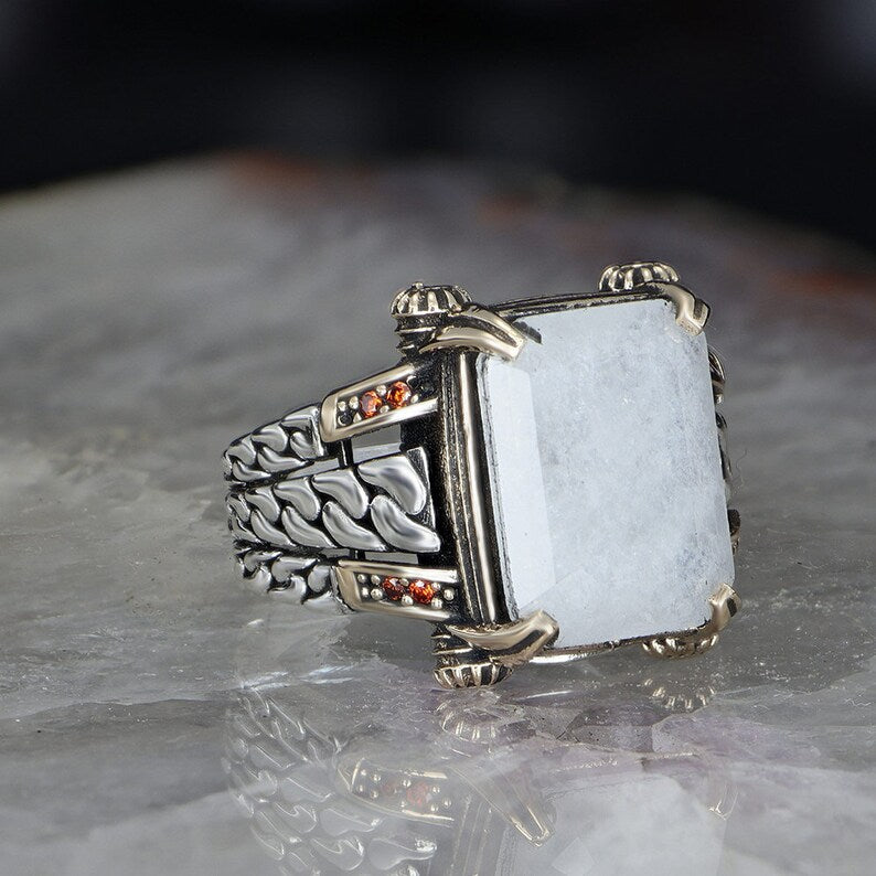Zyan Gems | Unique Designed Turkish Style Ring with Natural Moonstone |  Sterling Silver Oxidized Ring
