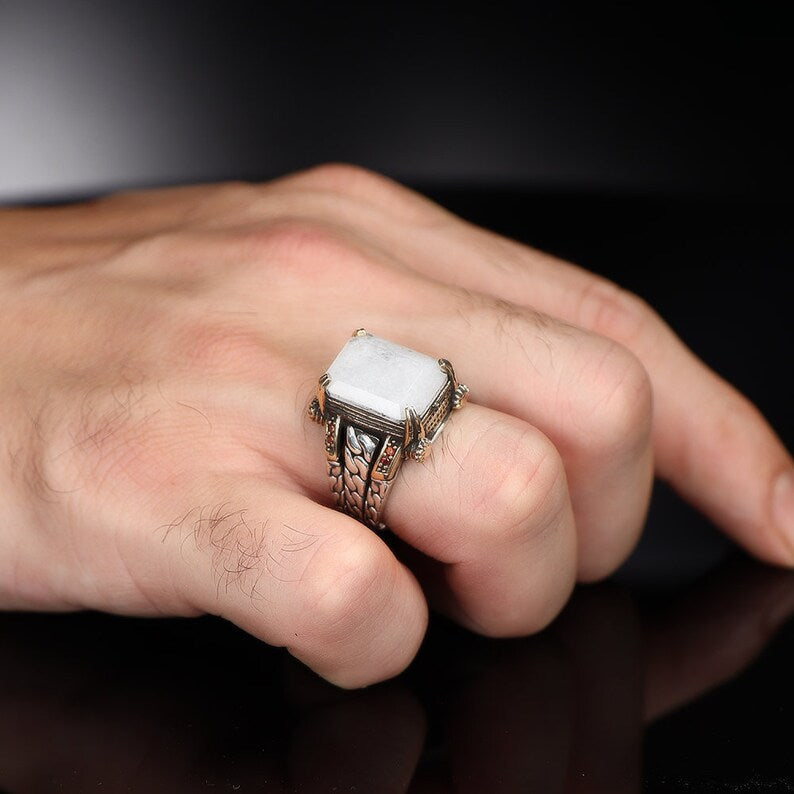 Zyan Gems | Unique Designed Turkish Style Ring with Natural Moonstone |  Sterling Silver Oxidized Ring