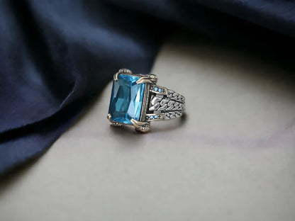 Zyan Gems | Exclusively Designed Ring with Blue Topaz |  Sterling Silver Oxidized Ring