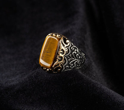 Zyan Gems | Unique Designed Turkish Style Ring with Natural Tiger Eye  |  Sterling Silver Oxidized Ring