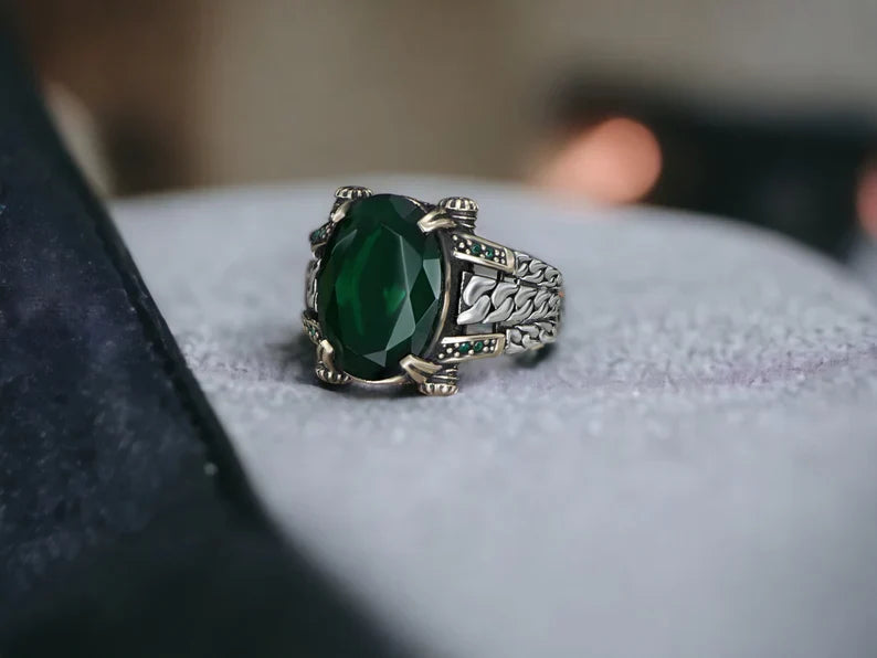Zyan Gems | Unique Designed Turkish Style Ring with Natural Emerald |  Sterling Silver Oxidized Ring
