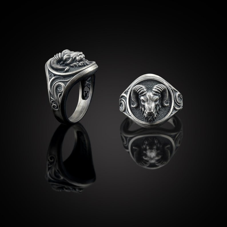 Unique Goat Designed Ring for Aries Zodiac for Men |  Sterling Silver Oxidized Ring