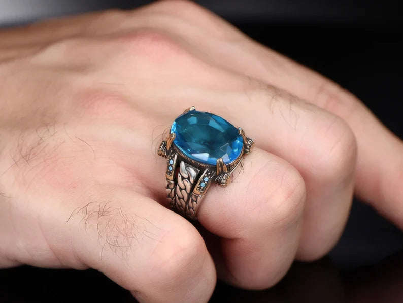 Zyan Gems | Exclusively Designed Ring with Blue Topaz |  Sterling Silver Oxidized Ring