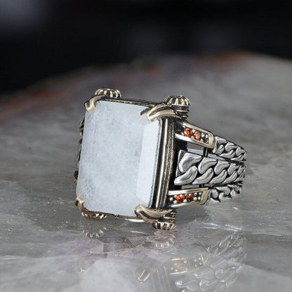 Zyan Gems | Unique Designed Turkish Style Ring with Natural Moonstone |  Sterling Silver Oxidized Ring