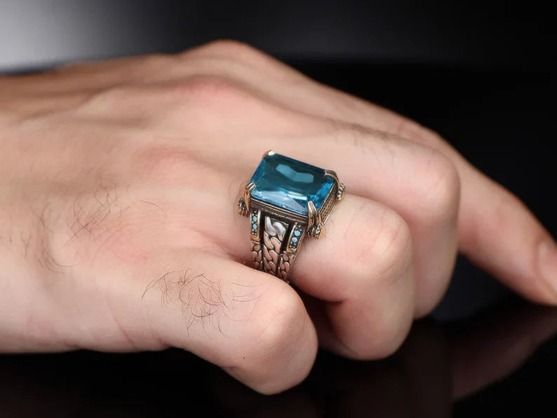 Zyan Gems | Exclusively Designed Ring with Blue Topaz |  Sterling Silver Oxidized Ring