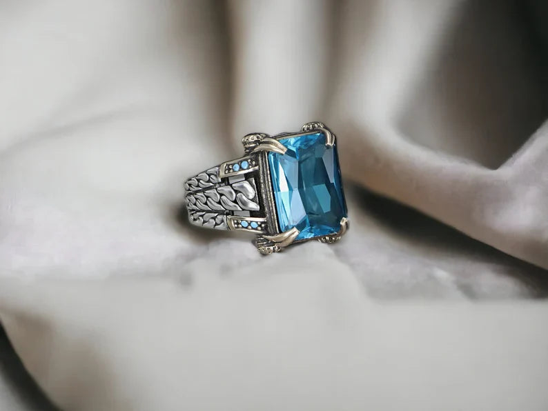 Zyan Gems | Exclusively Designed Ring with Blue Topaz |  Sterling Silver Oxidized Ring