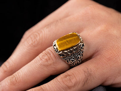 Zyan Gems | Unique Designed Turkish Style Ring with Natural Tiger Eye  |  Sterling Silver Oxidized Ring