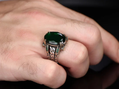 Zyan Gems | Unique Designed Turkish Style Ring with Natural Emerald |  Sterling Silver Oxidized Ring