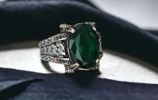 Zyan Gems | Unique Designed Turkish Style Ring with Natural Emerald |  Sterling Silver Oxidized Ring