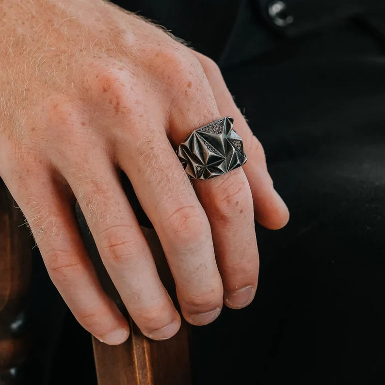 Zyan Gems | Unique Designed Zigzag Style Turkish Style Ring with White Zirconia |  Sterling Silver Oxidized Ring