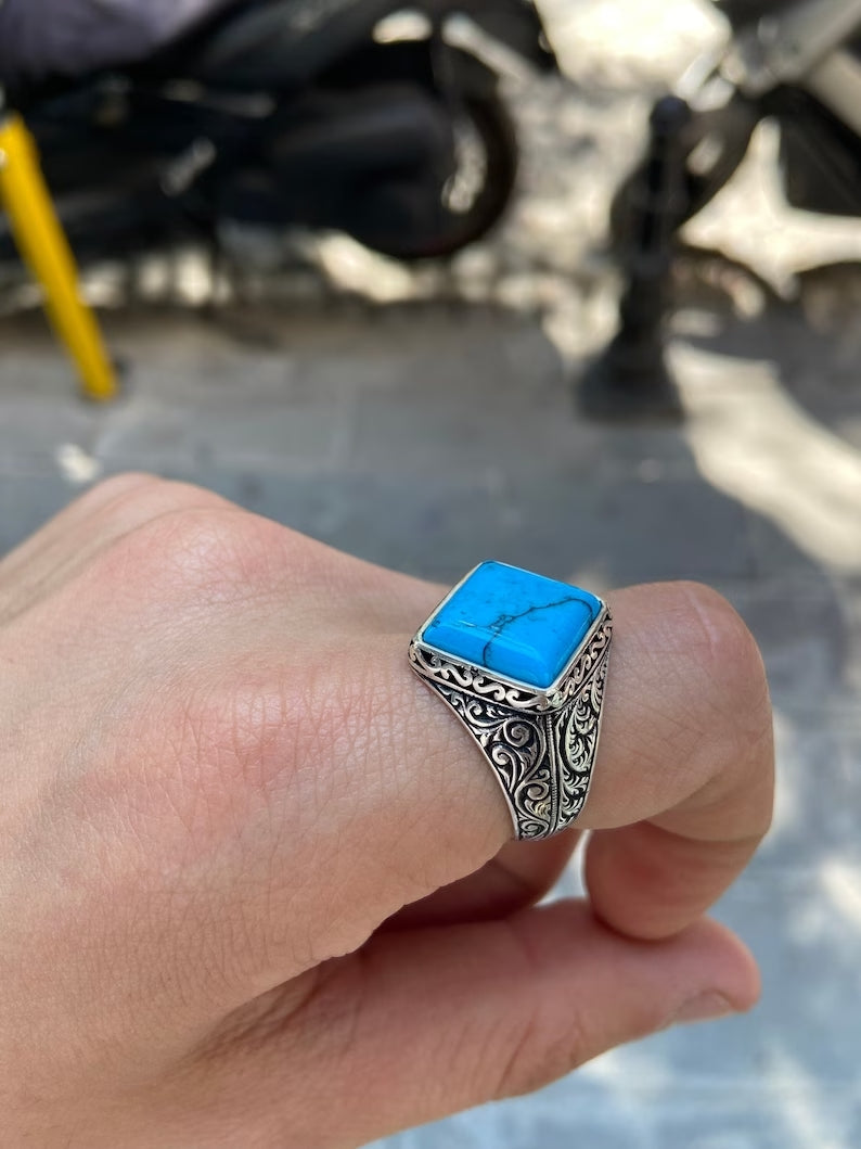 Zyan Gems | Unique Designed Turkish Style Ring with Natural Irani Turquoise (Firoza) |  Sterling Silver Oxidized Ring