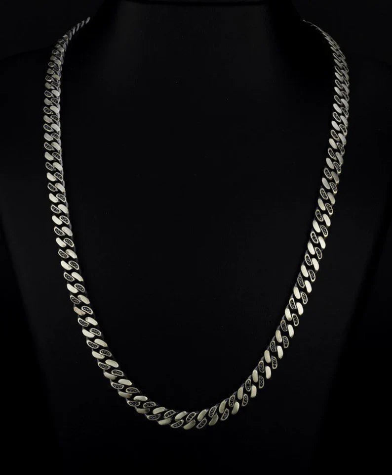 Zyan Gems | 12mm Wide Solid Miami Cuban Link Chain Studded With Black Zirconia Stone |  Sterling Silver Chain