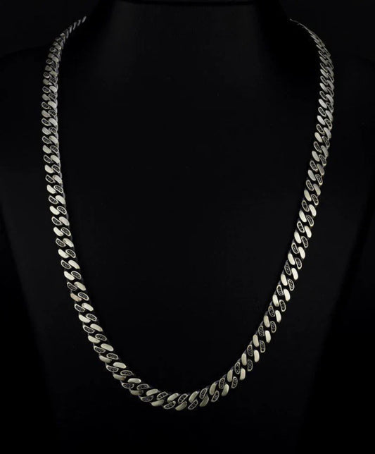 Zyan Gems | 12mm Wide Solid Miami Cuban Link Chain Studded With Black Zirconia Stone |  Sterling Silver Chain