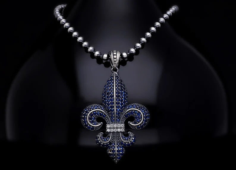 Zyan Gems | Unique Designed Fleur-De-Lis Pendant Studded with Blue Zircons for Men |  Sterling Silver Oxidized Pendant