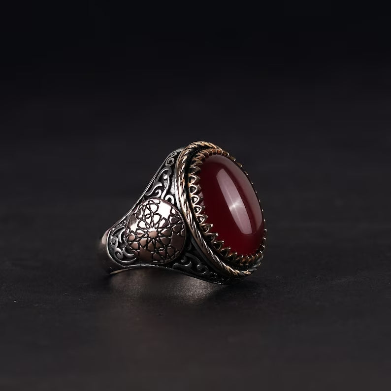 Zyan Gems | Unique Turkish Style Ring with Natural Red Agate  |  Sterling Silver Oxidized Ring