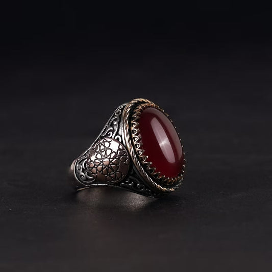 Zyan Gems | Unique Turkish Style Ring with Natural Red Agate  |  Sterling Silver Oxidized Ring