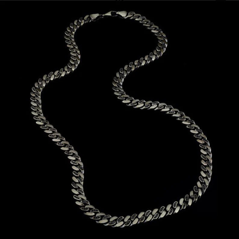 Zyan Gems | 12mm Wide Solid Miami Cuban Link Chain Studded With Black Zirconia Stone |  Sterling Silver Chain