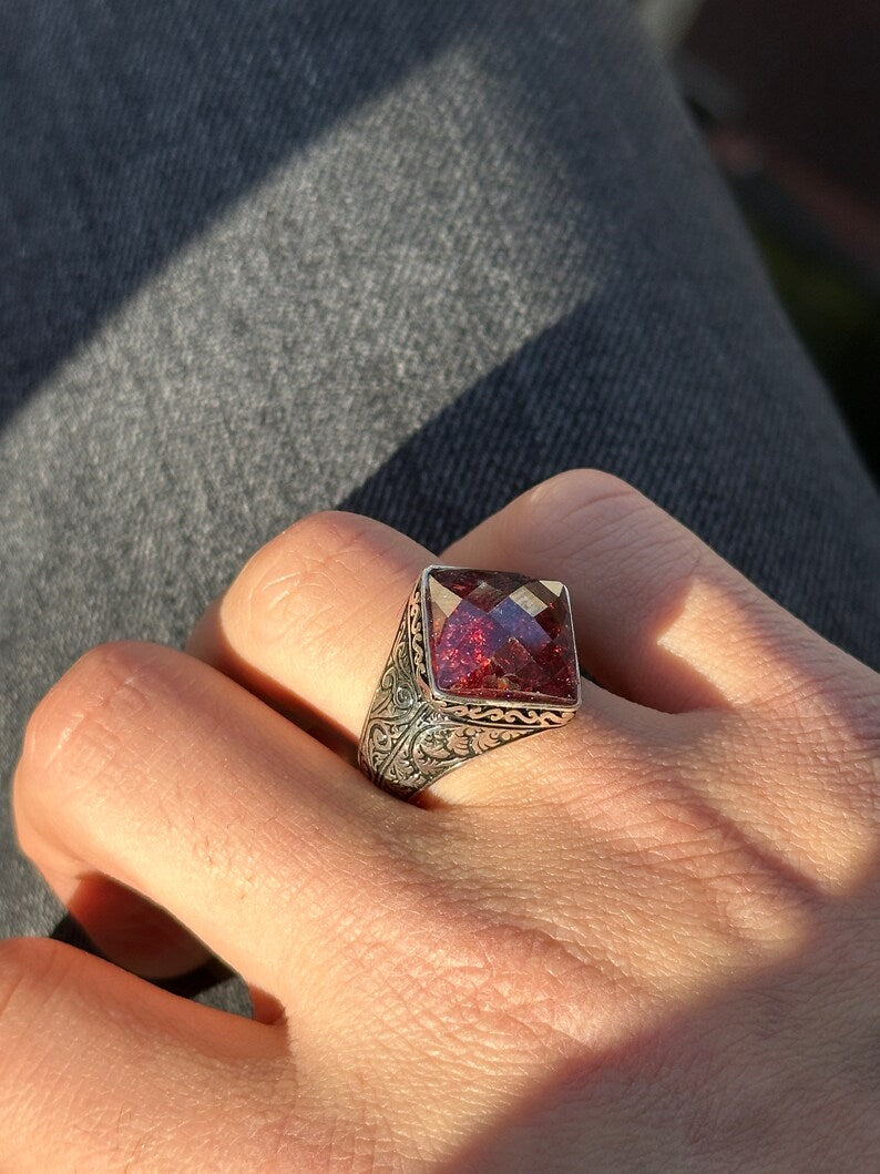 Zyan Gems | Unique Designed Ring with Natural Red Ruby |  Sterling Silver Oxidized Ring
