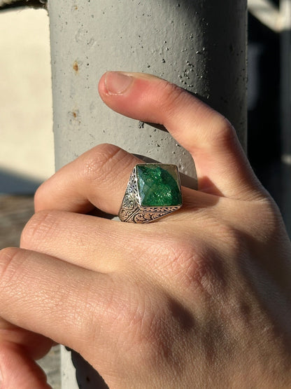 Tilted Square Designed Turkish Style Ring with Natural Emerald |  Sterling Silver Oxidized Ring Authenticity and