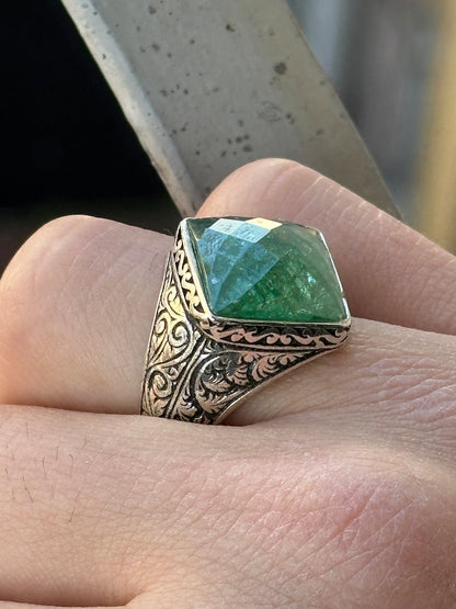 Tilted Square Designed Turkish Style Ring with Natural Emerald |  Sterling Silver Oxidized Ring Authenticity and