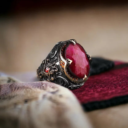 Zyan Gems | Unique Designed Turkish Style Heavy Ring with Natural Red Ruby GOLD PLATED Micron Plated 925 Sterling Silver Oxidized Ring Jewelry Authenticity and 925