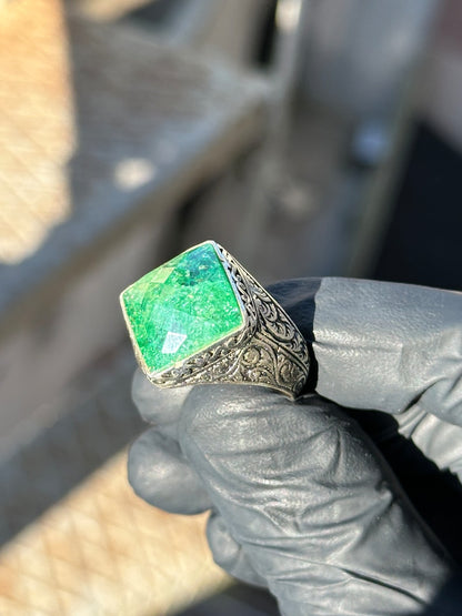 Tilted Square Designed Turkish Style Ring with Natural Emerald |  Sterling Silver Oxidized Ring Authenticity and