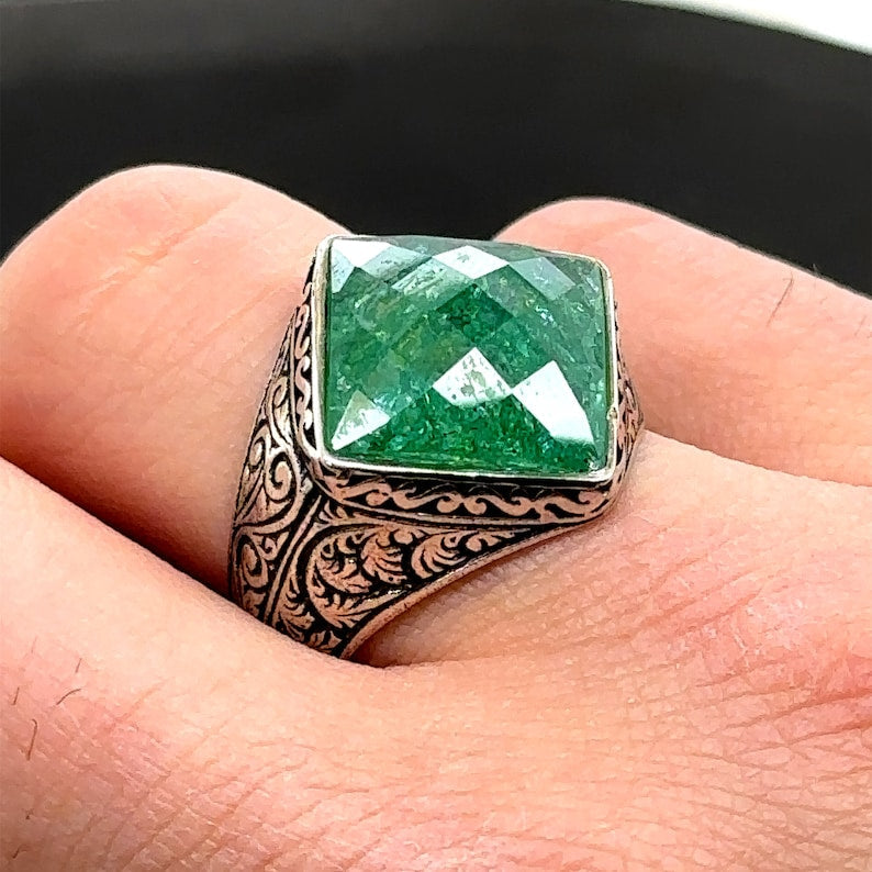 Tilted Square Designed Turkish Style Ring with Natural Emerald |  Sterling Silver Oxidized Ring Authenticity and