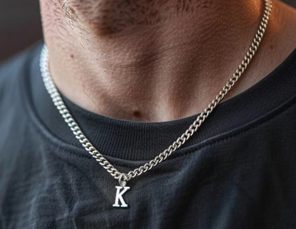 Zyan Gems | Minimalist Solid 5mm Cuban Link Chain with Custom Name Initial (Rhodium Plated) |  Sterling Silver Chain