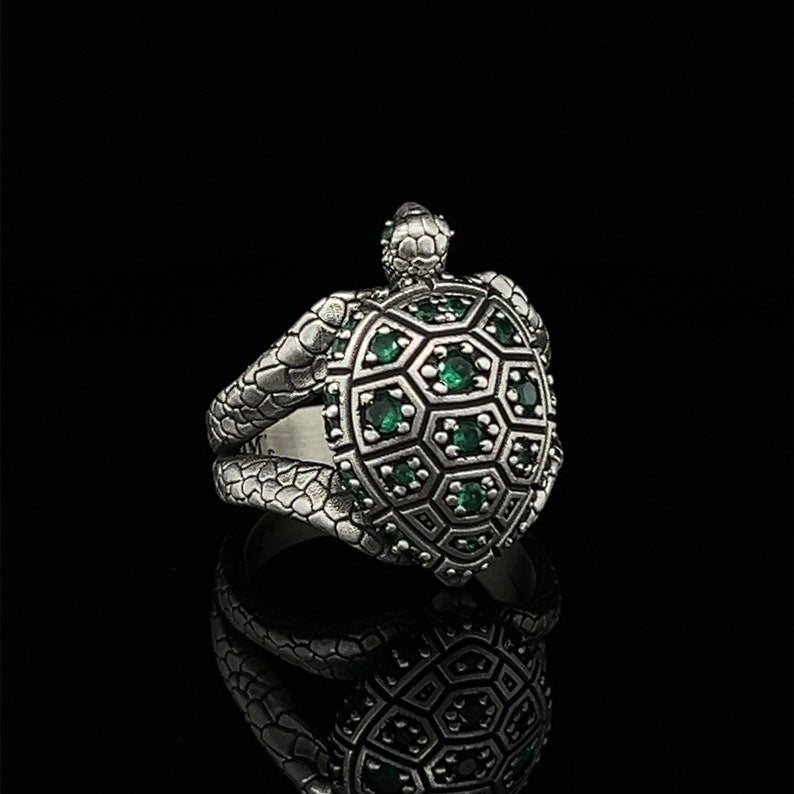 Zyan Gems | Antique Designed Turtle Ring With Blue Zircon|  Sterling Silver Oxidized Ring