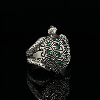 Zyan Gems | Antique Designed Turtle Ring With Blue Zircon|  Sterling Silver Oxidized Ring