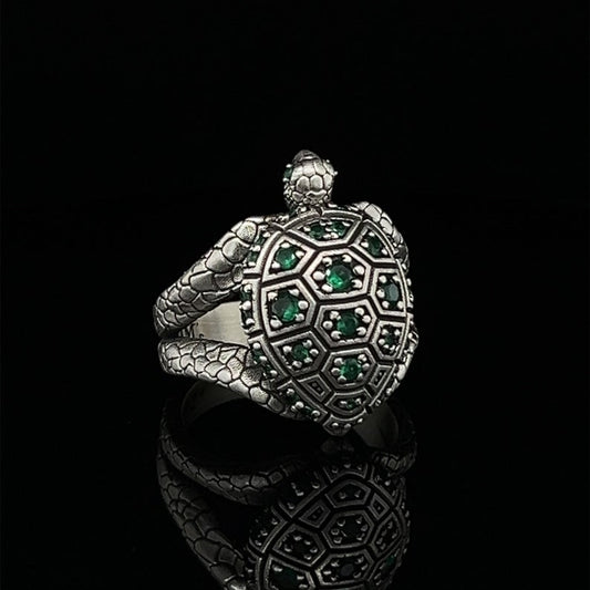 Zyan Gems | Antique Designed Turtle Ring With Blue Zircon|  Sterling Silver Oxidized Ring