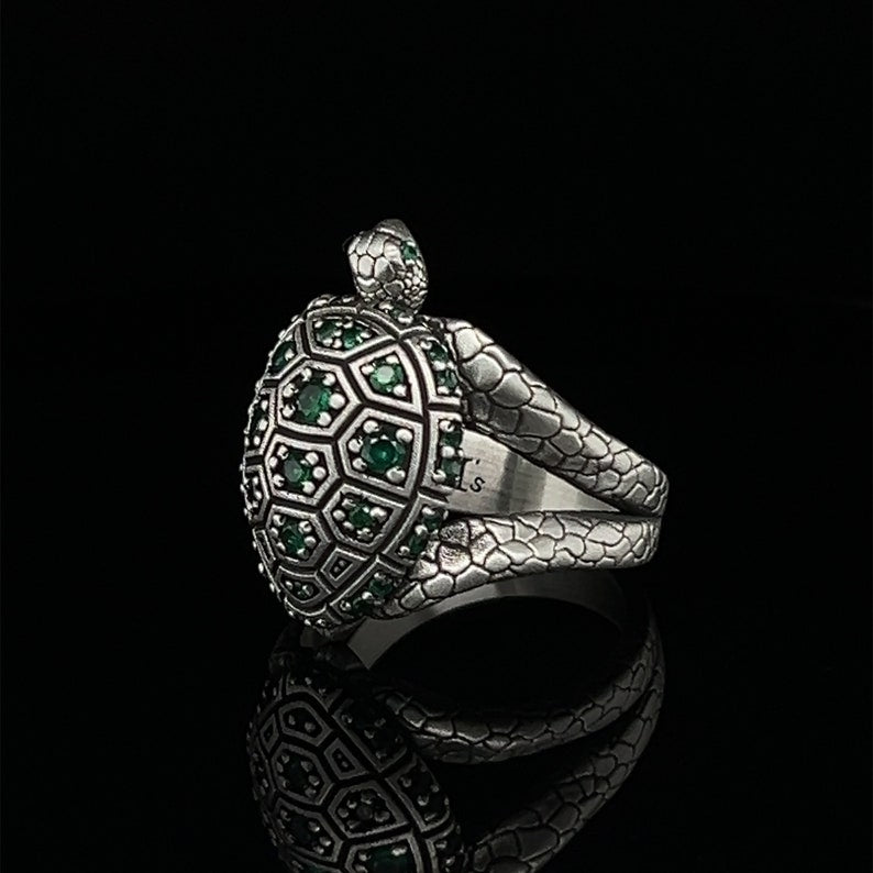 Zyan Gems | Antique Designed Turtle Ring With Blue Zircon|  Sterling Silver Oxidized Ring