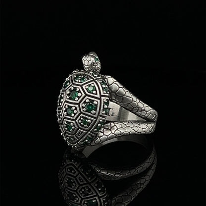 Zyan Gems | Antique Designed Turtle Ring With Blue Zircon|  Sterling Silver Oxidized Ring