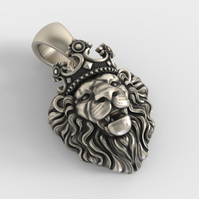 Zyan Gems | Unique Designed Lion with Crown Pendant for Men |  Sterling Silver Oxidized Pendant