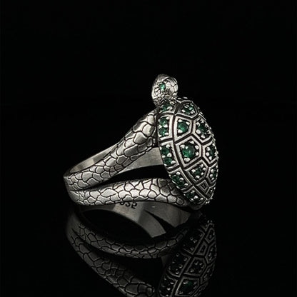 Zyan Gems | Antique Designed Turtle Ring With Blue Zircon|  Sterling Silver Oxidized Ring