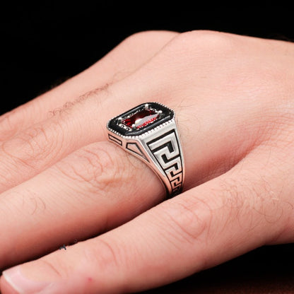 Turkish Red Zircon Men's Ring Handmade Exclusive Design