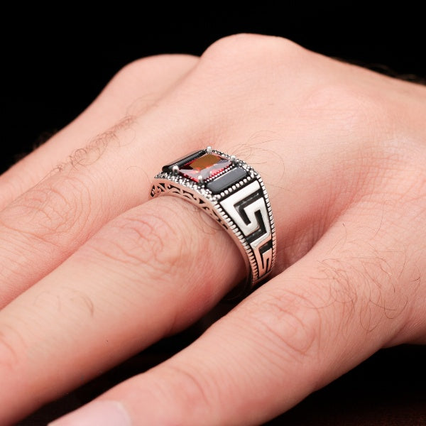Turkish Margazit Zircon Stone Men's Bakelite Ring Handmade Exclusive Design