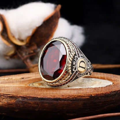 Customizable Turkish Zircon Stone Silver Men Ring - Two Letters Of Your Choice