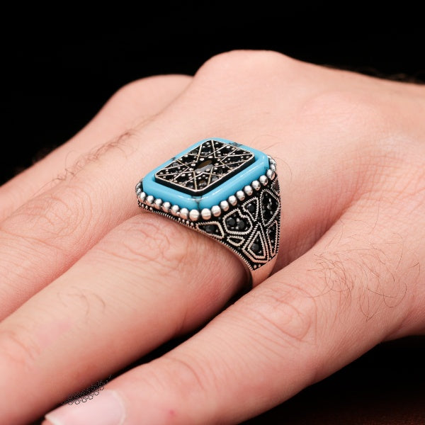 Turkish Black Zircon and With Turquoise Stone Handmade Exclusive Design Ring