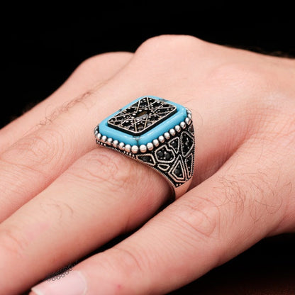 Turkish Black Zircon and With Turquoise Stone Handmade Exclusive Design Ring
