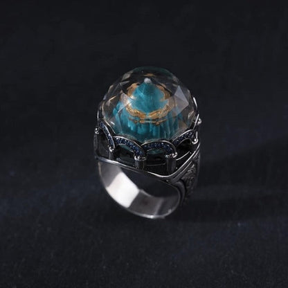 Rumi Tomb Islamic Ring, Green Oval Carved Mevlana Silver Men Tomb Ring