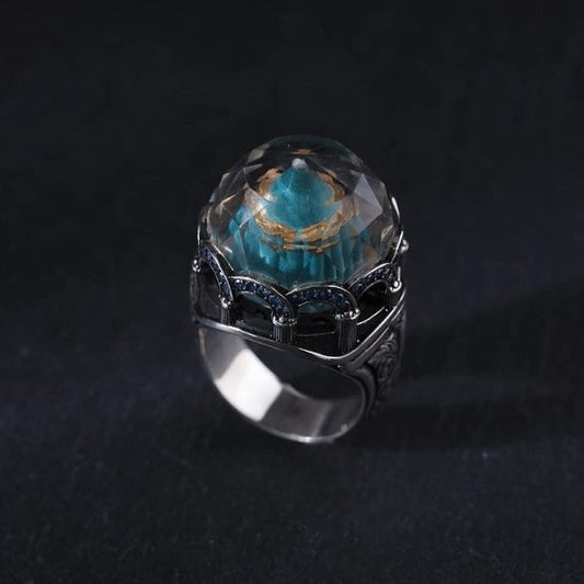Rumi Tomb Islamic Ring, Green Oval Carved Mevlana Silver Men Tomb Ring