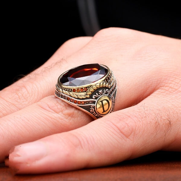 Customizable Turkish Zircon Stone Silver Men Ring - Two Letters Of Your Choice
