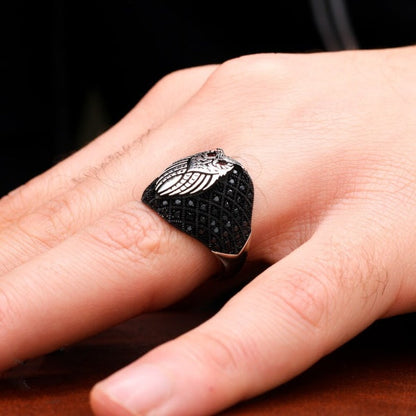 Turkish Sterling Silver Owl Men's Ring With Zircon Stones