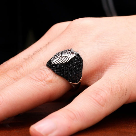 Turkish Sterling Silver Owl Men's Ring With Zircon Stones